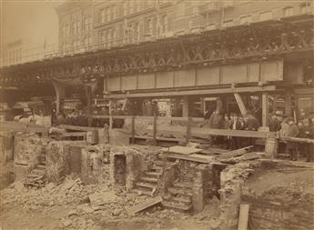 (NEW YORK--TRANSPORT) Charles Thompson Harvey testing cable-driven railway, Greenwich St * Building the elevated tracks in the Bowery.